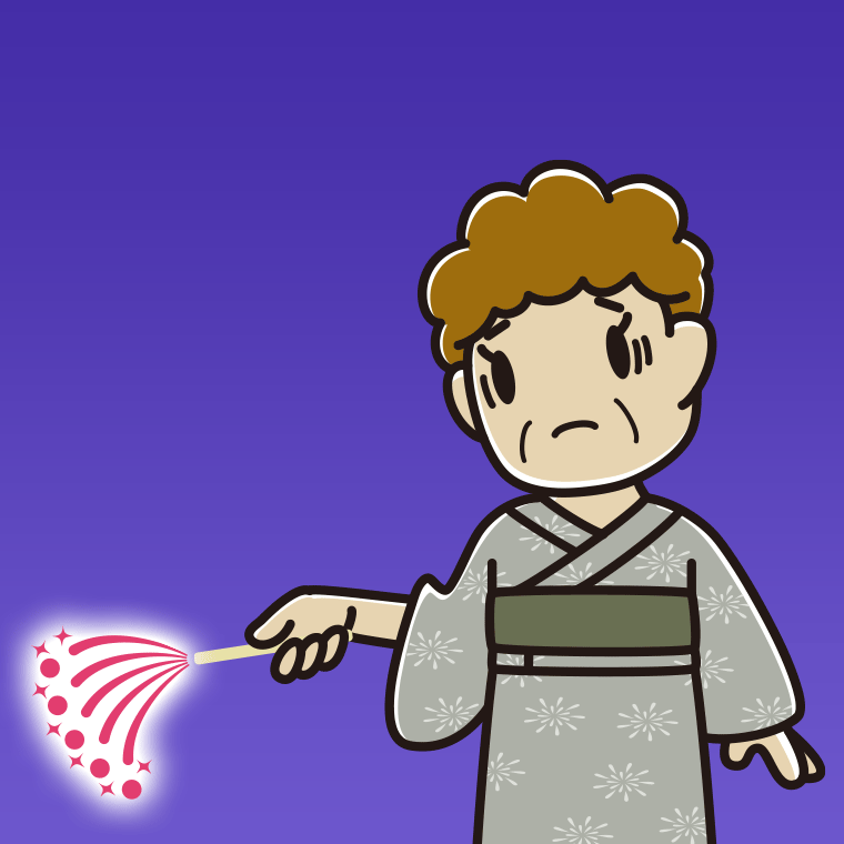 花火で困るおばさんのイラスト【色、背景あり】PNG