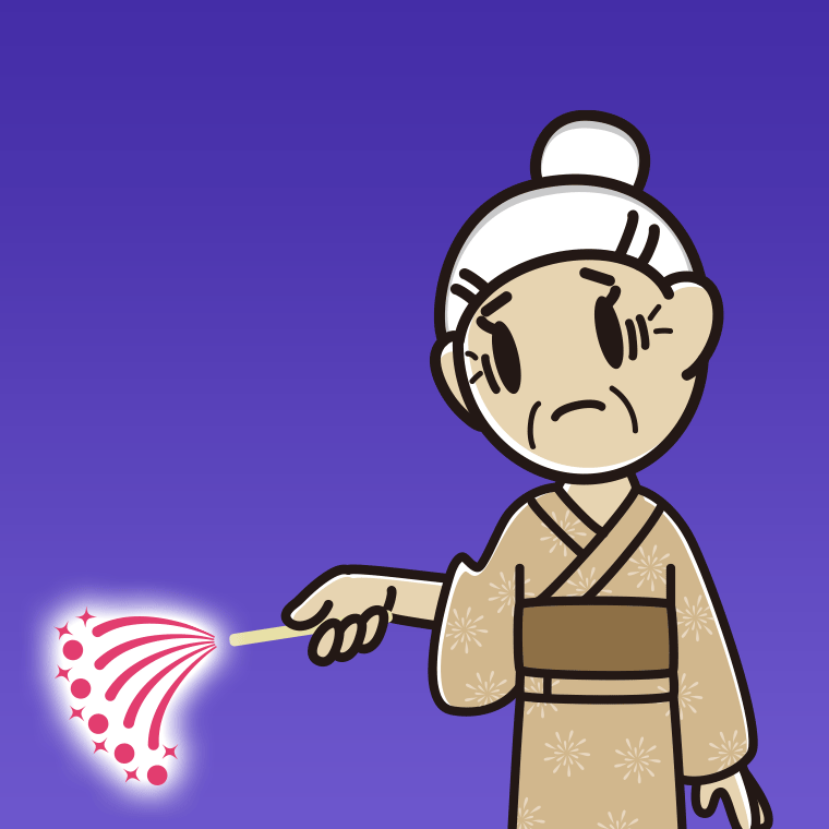 花火で困るおばあさんのイラスト【色、背景あり】PNG