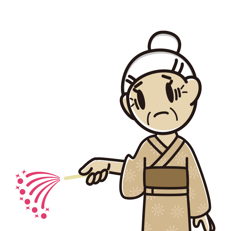 花火で困るおばあさんのイラスト【色あり、背景なし】透過PNG