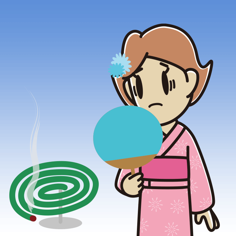 蚊取り線香で困る女性のイラスト【色、背景あり】PNG