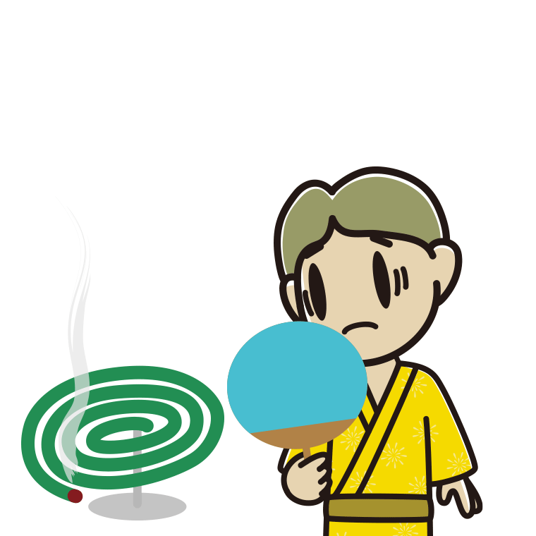 蚊取り線香で困る小学生男子のイラスト【色あり、背景なし】透過PNG
