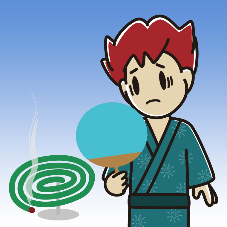 蚊取り線香で困る男子大学生のイラスト【色、背景あり】PNG