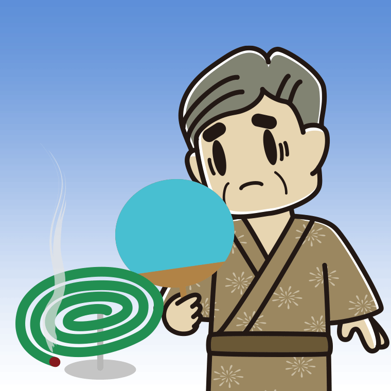 蚊取り線香で困るおじさんのイラスト【色、背景あり】PNG