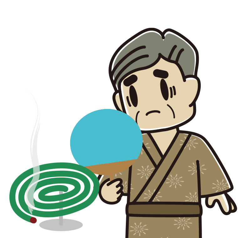 蚊取り線香で困るおじさんのイラスト【色あり、背景なし】透過PNG