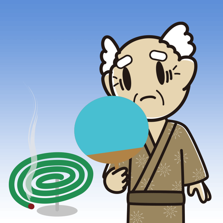 蚊取り線香で困るおじいさんのイラスト【色、背景あり】PNG