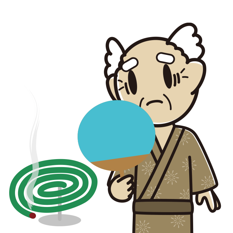 蚊取り線香で困るおじいさんのイラスト【色あり、背景なし】透過PNG