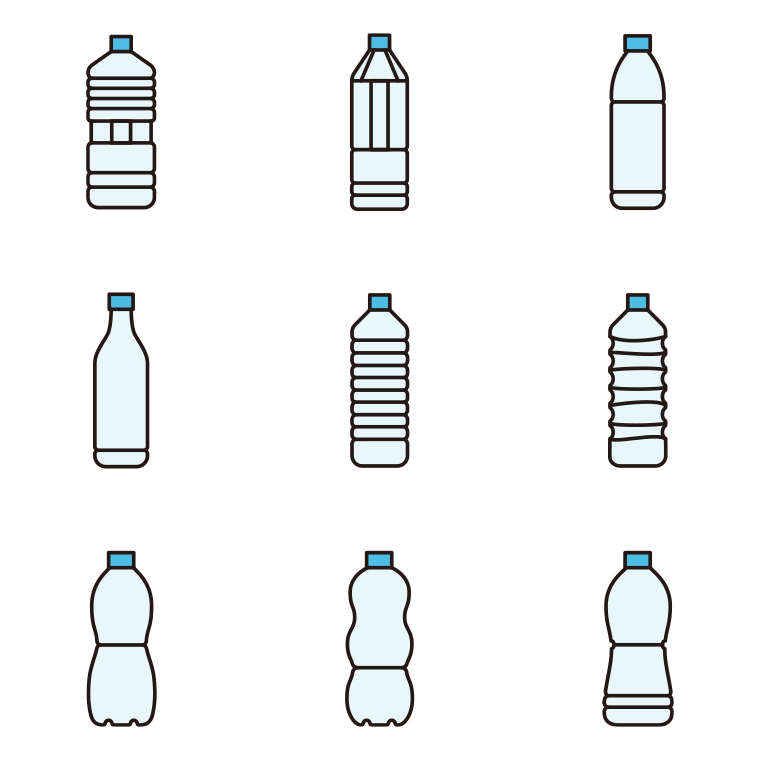 ペットボトルのイラスト・アイコンセット（9種）【色あり、背景なし】透過PNG
