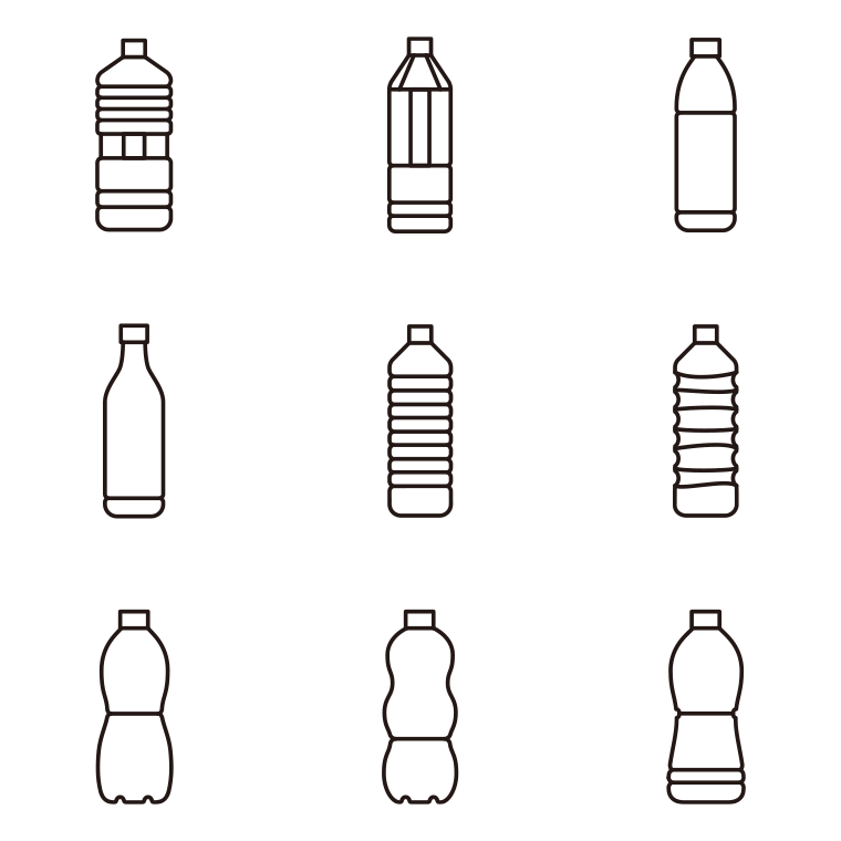 ペットボトルのイラスト・アイコンセット（9種）【線のみ】透過PNG
