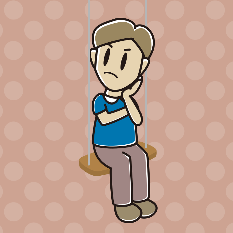 ブランコで考える男性のイラスト【色、背景あり】PNG