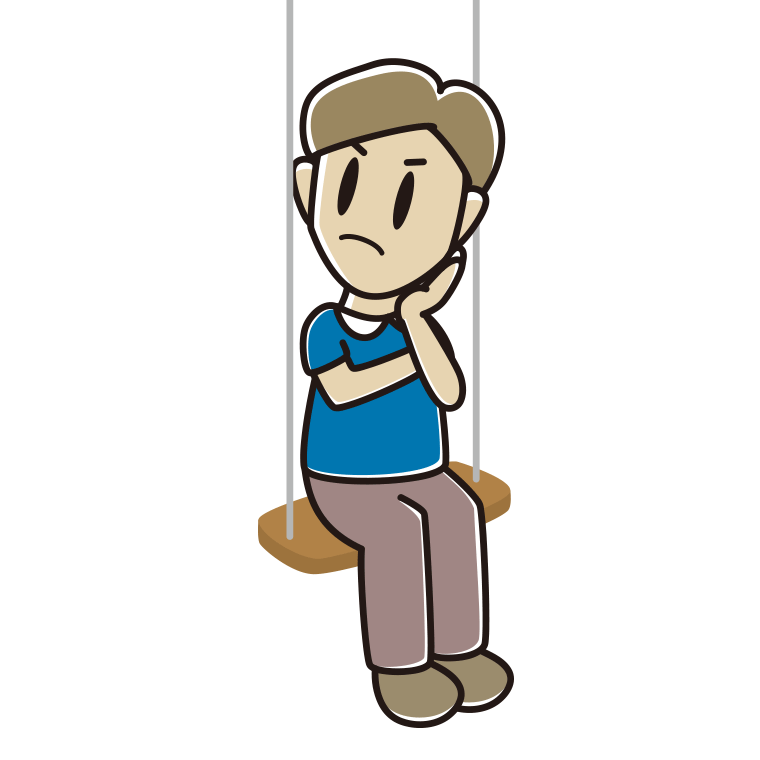 ブランコで考える男性のイラスト【色あり、背景なし】透過PNG