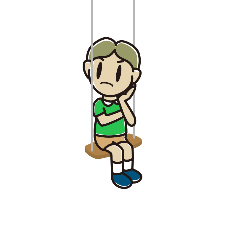 ブランコで考える小学生男子のイラスト【色あり、背景なし】透過PNG