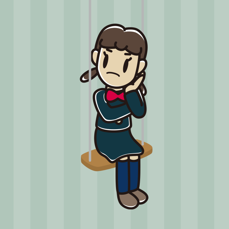ブランコで考える女子中学生のイラスト【色、背景あり】PNG