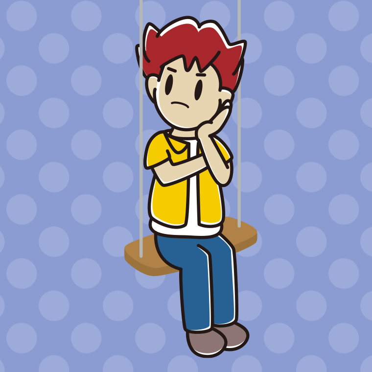 ブランコで考える男子大学生のイラスト【色、背景あり】PNG