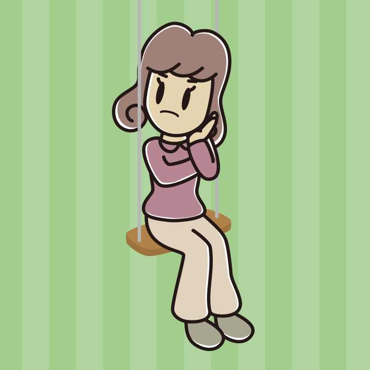ブランコで考える女子大学生のイラスト【色、背景あり】PNG
