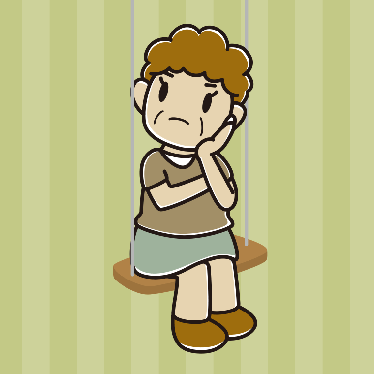 ブランコで考えるおばさんのイラスト【色、背景あり】PNG