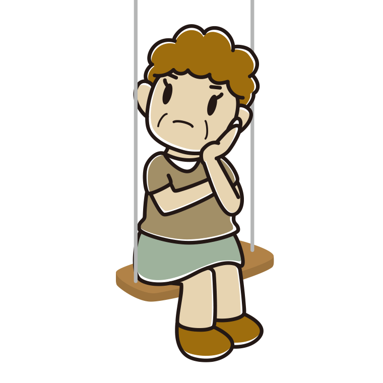 ブランコで考えるおばさんのイラスト【色あり、背景なし】透過PNG