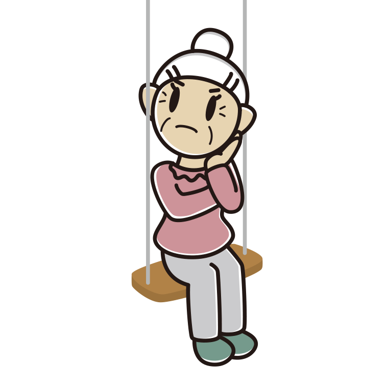 ブランコで考えるおばあさんのイラスト【色あり、背景なし】透過PNG