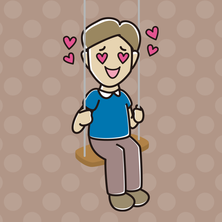 ブランコで目がハートの男性のイラスト【色、背景あり】PNG
