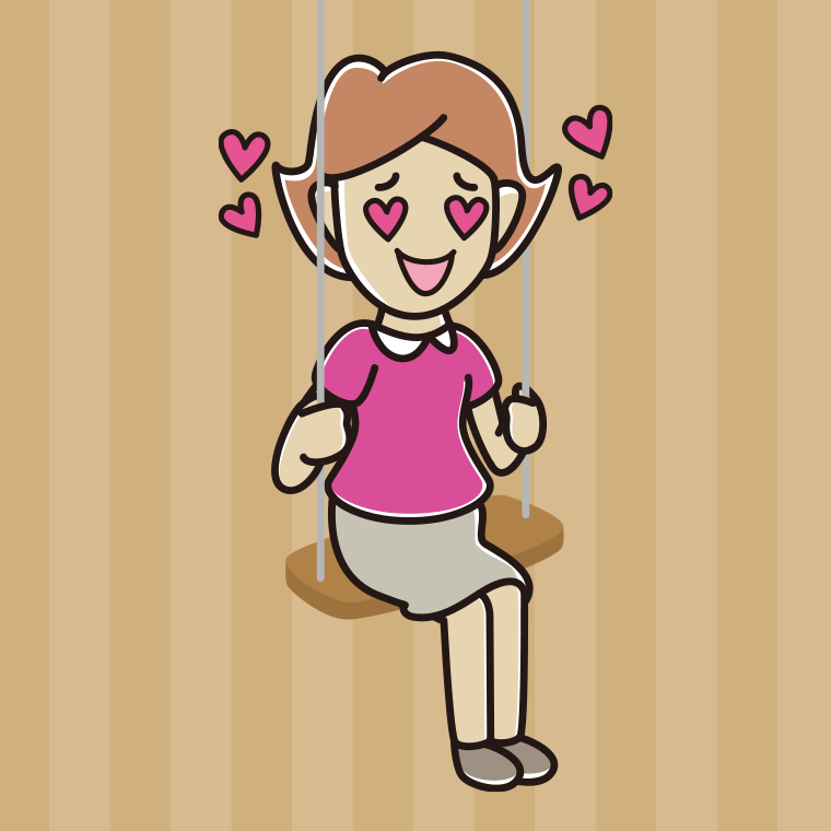 ブランコで目がハートの女性のイラスト【色、背景あり】PNG