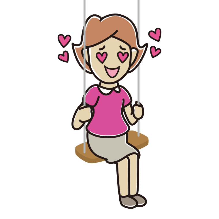 ブランコで目がハートの女性のイラスト【色あり、背景なし】透過PNG
