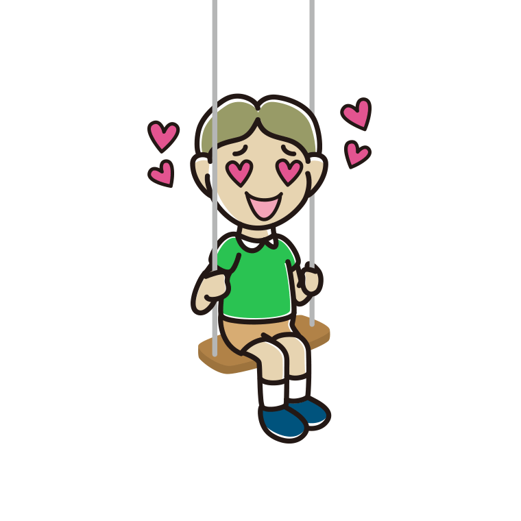 ブランコで目がハートの小学生男子のイラスト【色あり、背景なし】透過PNG
