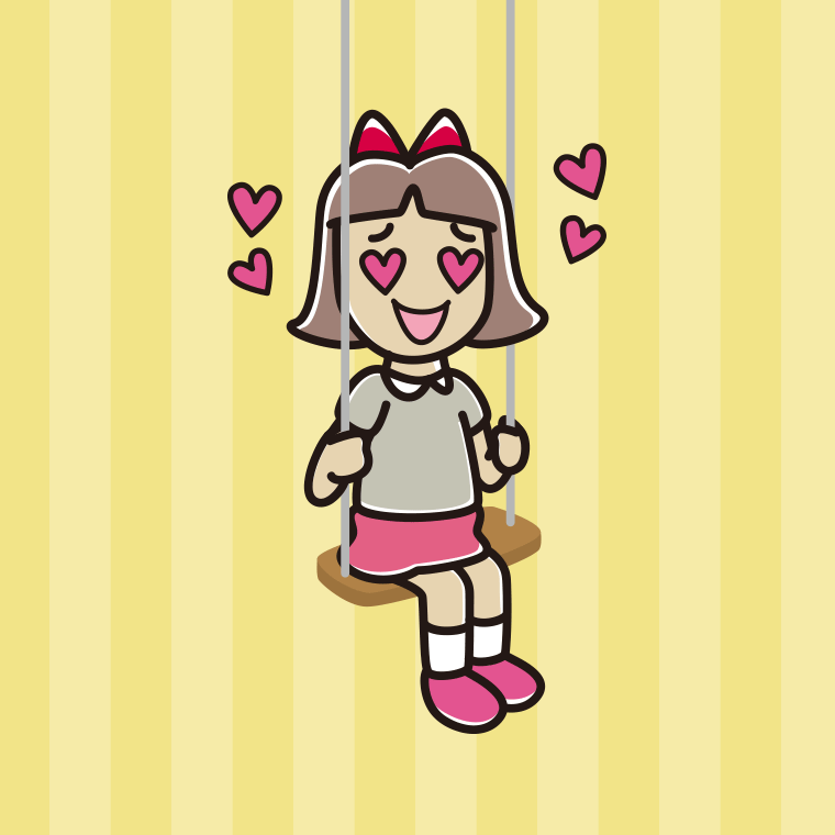 ブランコで目がハートの小学生女子のイラスト【色、背景あり】PNG
