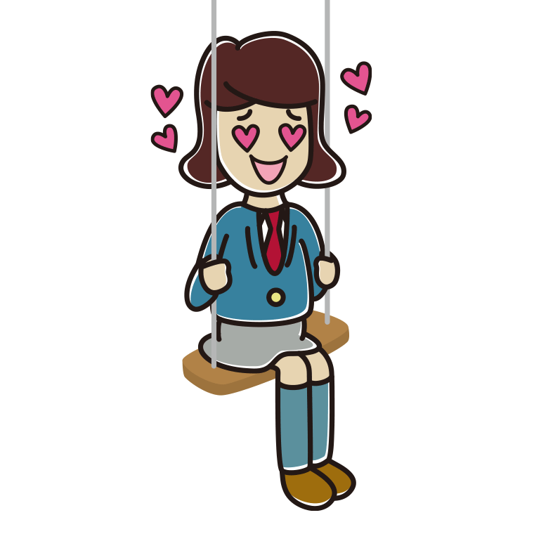 ブランコで目がハートの女子高校生のイラスト【色あり、背景なし】透過PNG