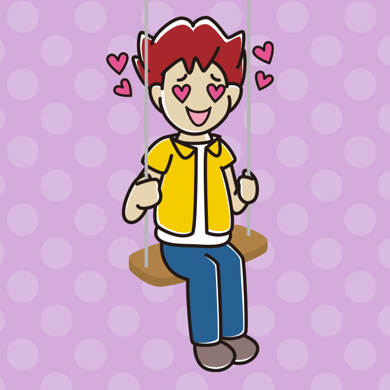 ブランコで目がハートの男子大学生のイラスト【色、背景あり】PNG