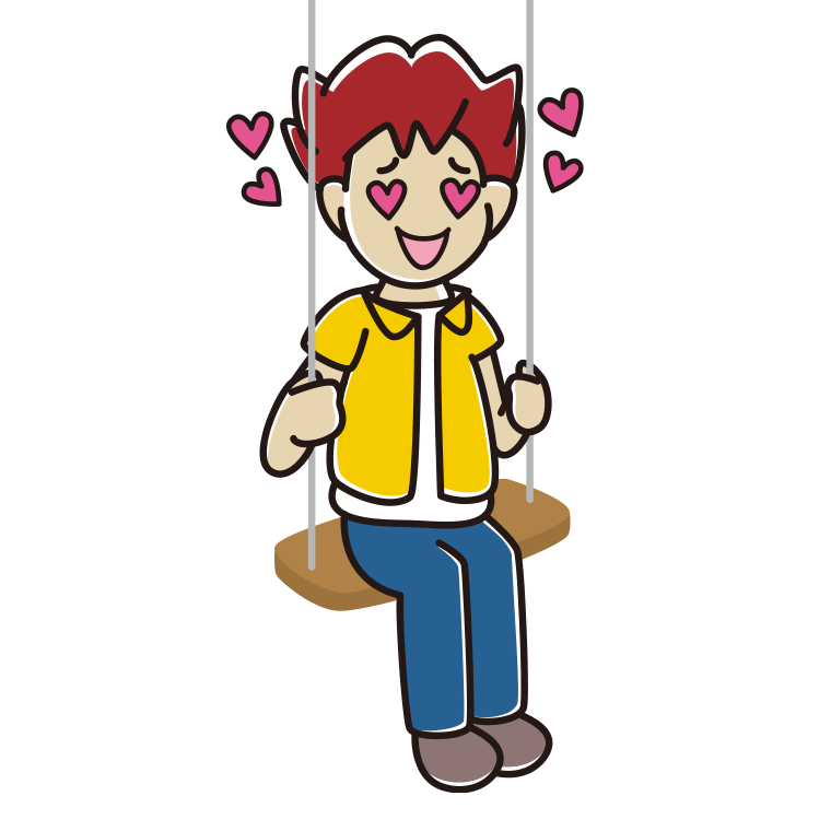 ブランコで目がハートの男子大学生のイラスト【色あり、背景なし】透過PNG
