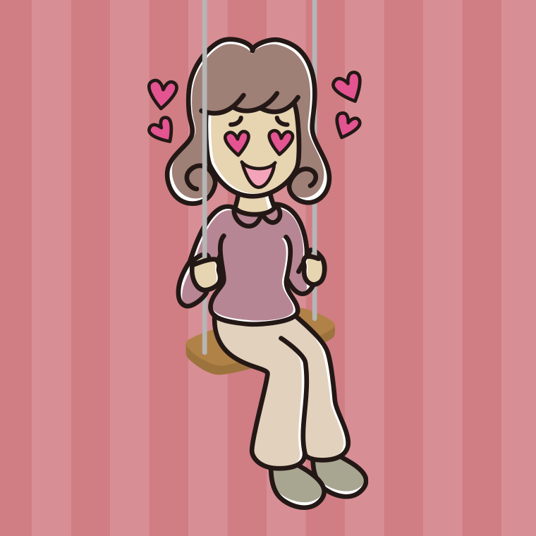 ブランコで目がハートの女子大学生のイラスト【色、背景あり】PNG
