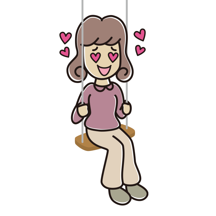 ブランコで目がハートの女子大学生のイラスト【色あり、背景なし】透過PNG
