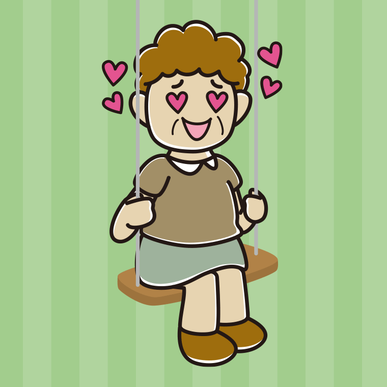 【フリー素材】ブランコで目がハートのおばさんのイラスト