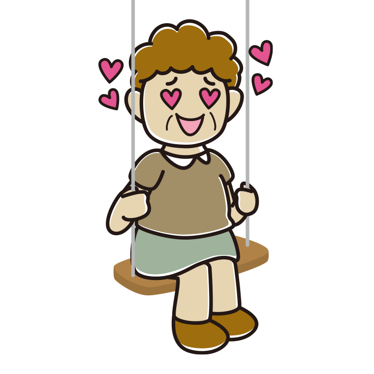 ブランコで目がハートのおばさんのイラスト【色あり、背景なし】透過PNG