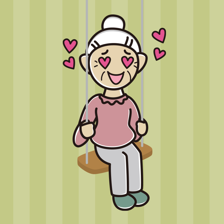 【フリー素材】ブランコで目がハートのおばあさんのイラスト