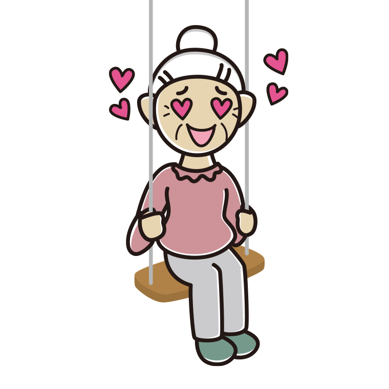 ブランコで目がハートのおばあさんのイラスト【色あり、背景なし】透過PNG