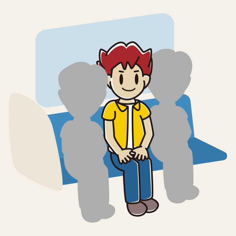 電車の座席に座る男子大学生のイラスト【色、背景あり】PNG
