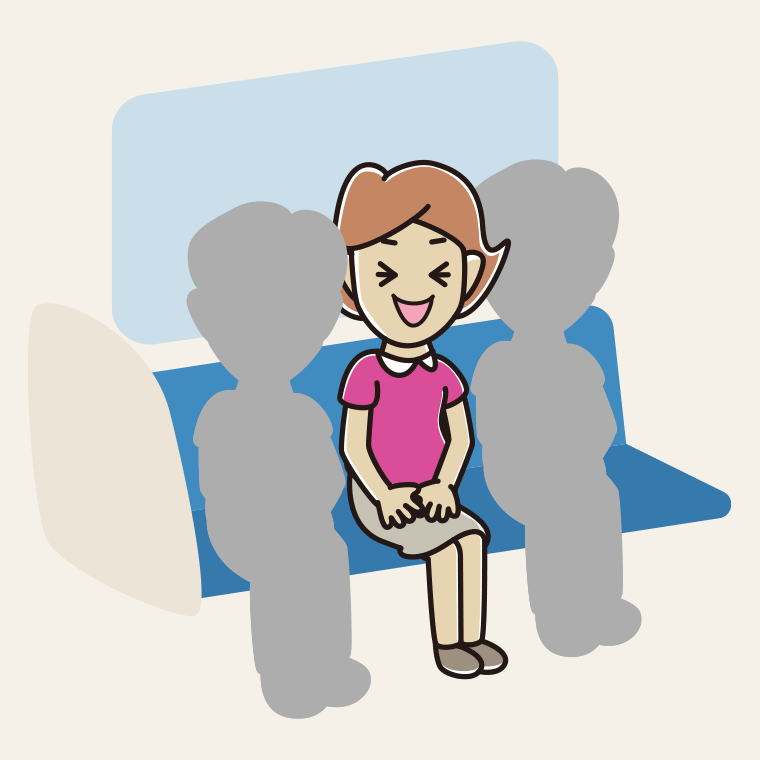 電車の座席で笑う女性のイラスト【色、背景あり】PNG