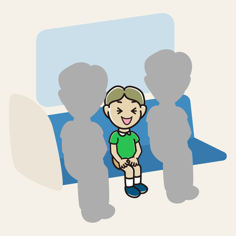 電車の座席で笑う小学生男子のイラスト【色、背景あり】PNG