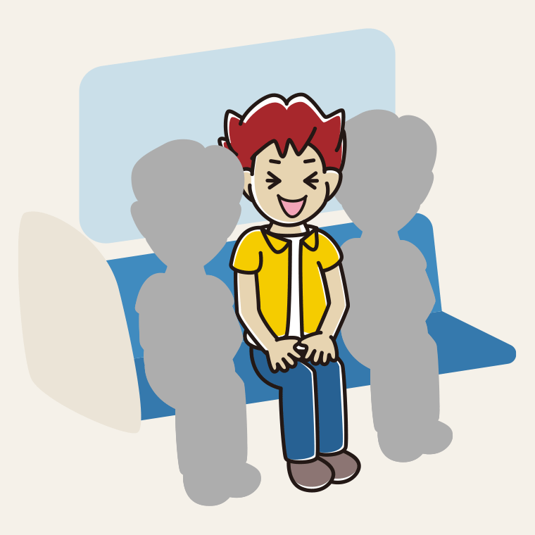 電車の座席で笑う男子大学生のイラスト【色、背景あり】PNG