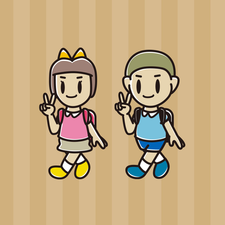 通学中にピースをする新小学一年生のイラスト【色、背景あり】PNG
