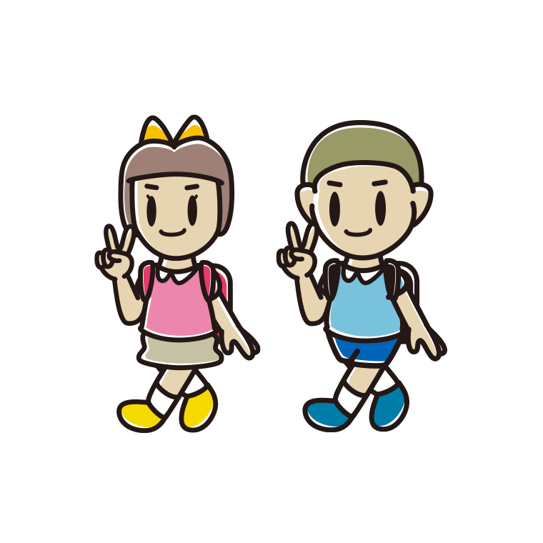 通学中にピースをする新小学一年生のイラスト【色あり、背景なし】透過PNG