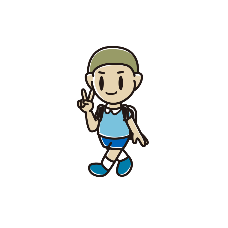 通学中にピースをする新小学一年生男子のイラスト【色あり、背景なし】透過PNG