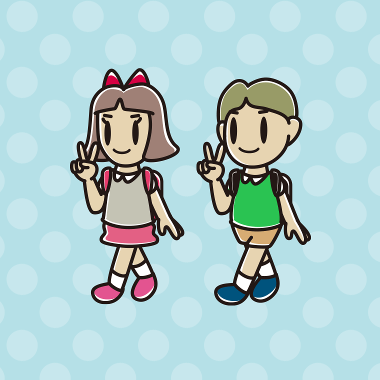 通学中にピースをする小学生のイラスト【色、背景あり】PNG