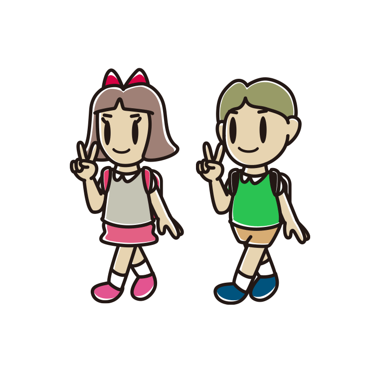 通学中にピースをする小学生のイラスト【色あり、背景なし】透過PNG