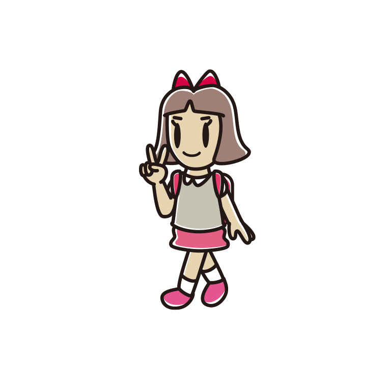 通学中にピースをする小学生女子のイラスト【色あり、背景なし】透過PNG