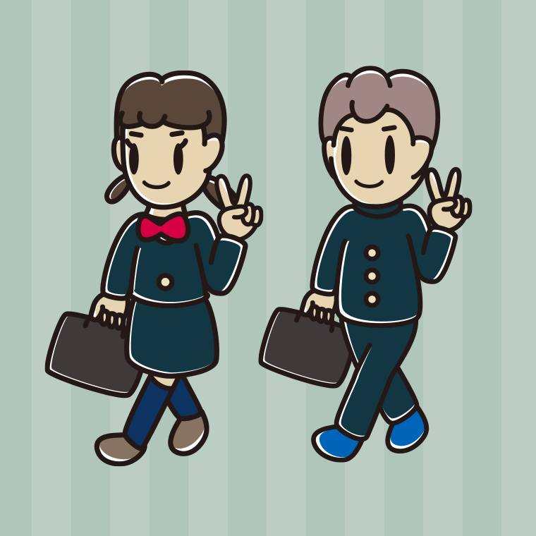 通学中にピースをする中学生のイラスト【色、背景あり】PNG