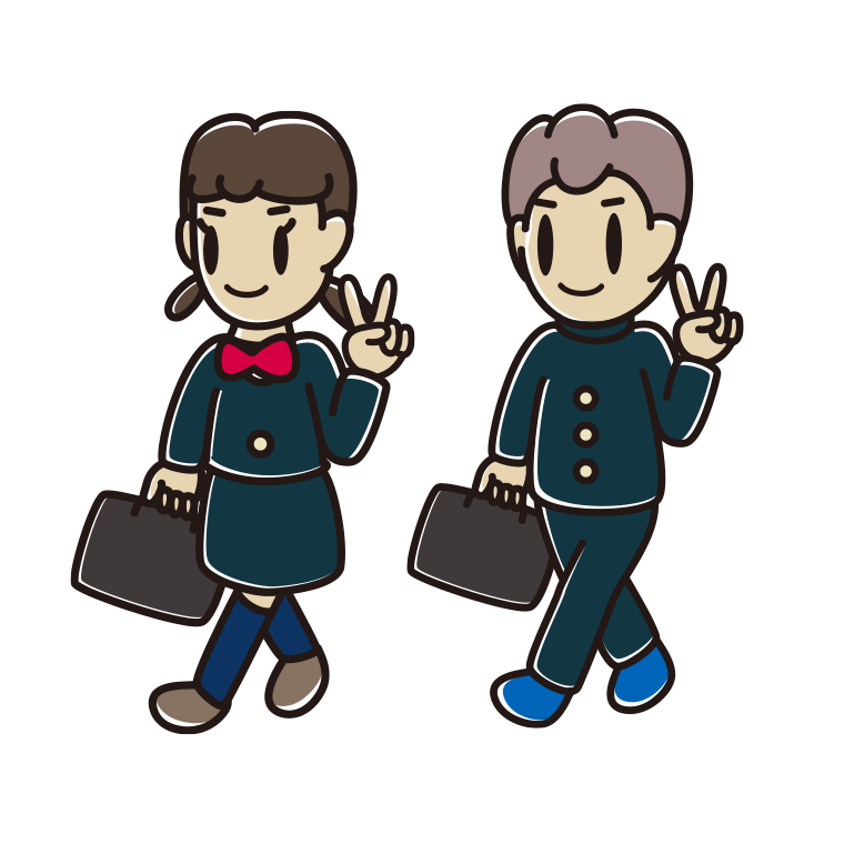通学中にピースをする中学生のイラスト【色あり、背景なし】透過PNG
