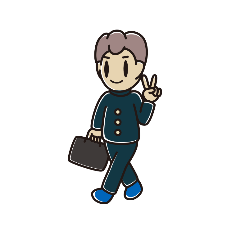 通学中にピースをする男子中学生のイラスト【色あり、背景なし】透過PNG