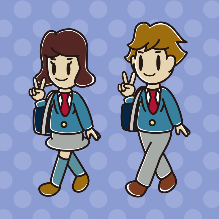 通学中にピースをする高校生のイラスト【色、背景あり】PNG