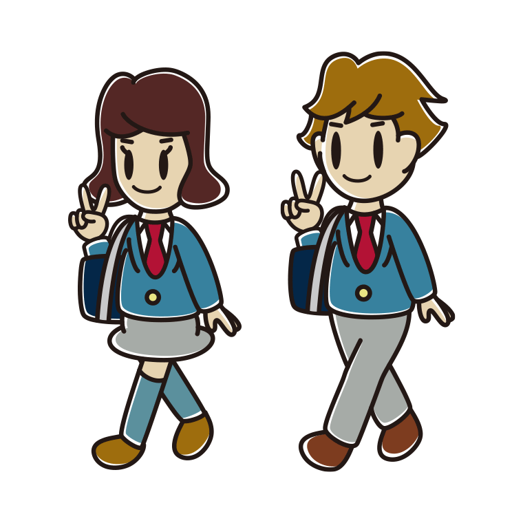 通学中にピースをする高校生のイラスト【色あり、背景なし】透過PNG